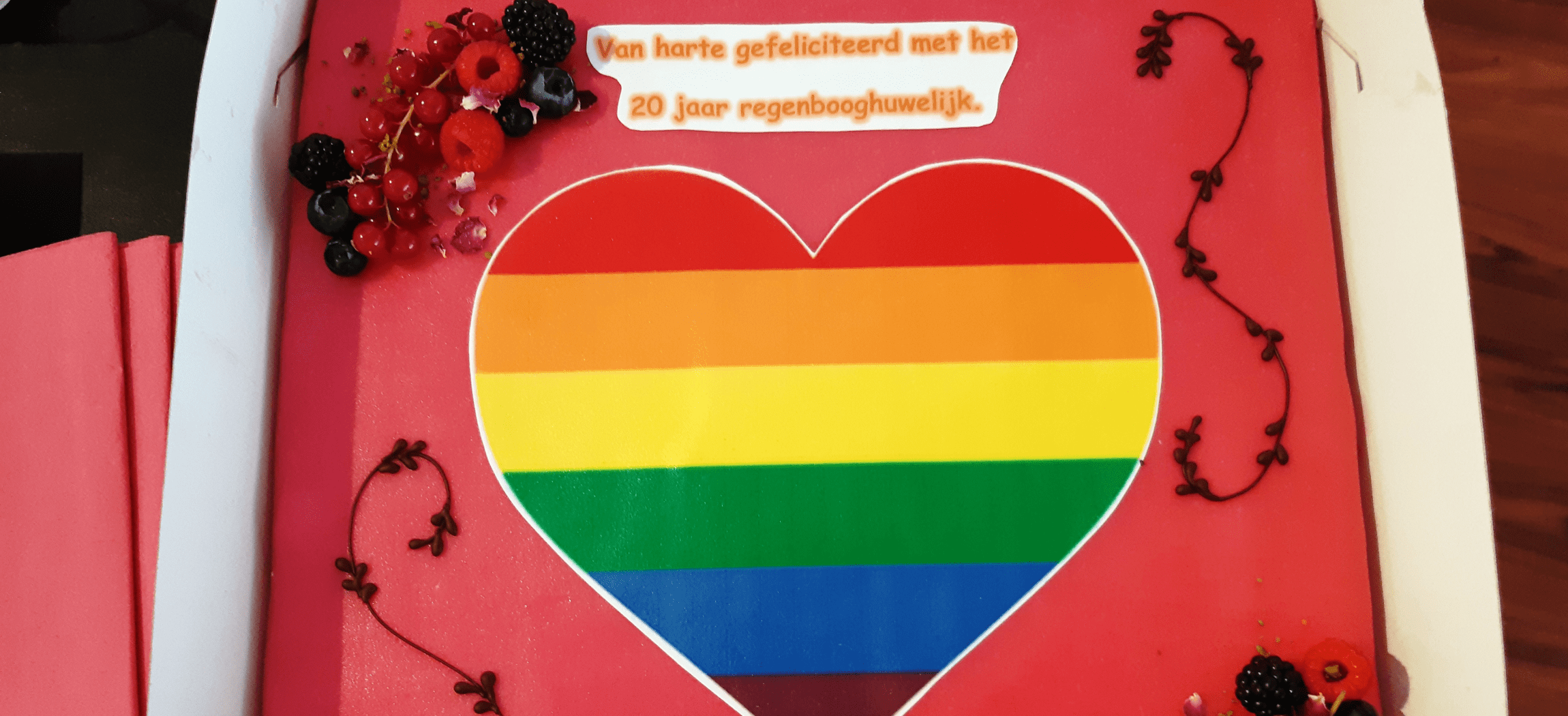 Taart ter ere van het feit dat 20 jaar geleden het eerste regenbooghuwelijk ter wereld in Amsterdam plaatsvond.